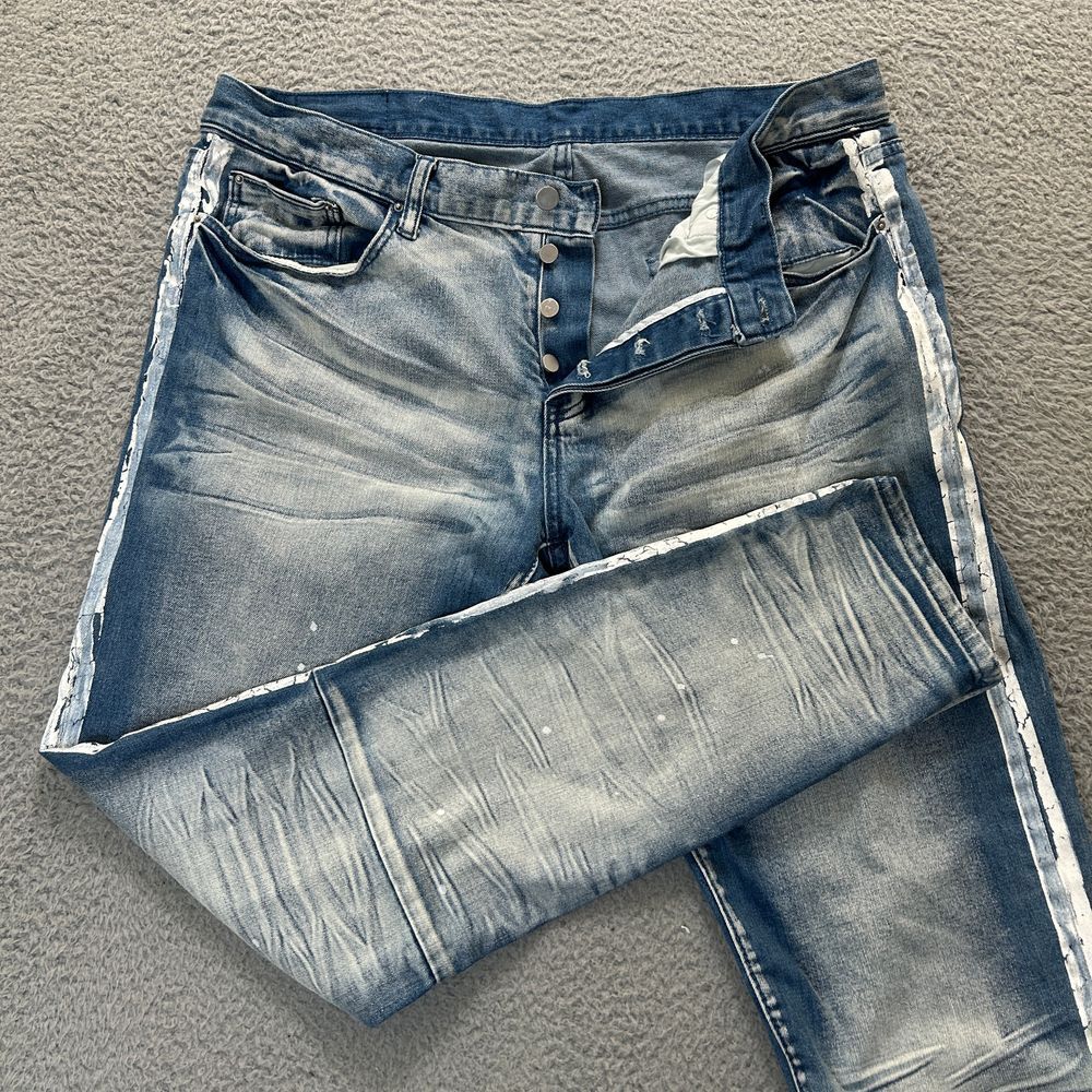 MNML Jeans Mens 40 Light Wash Denim Paint‎ Stripe Splatter Button Fly Zip Ankle